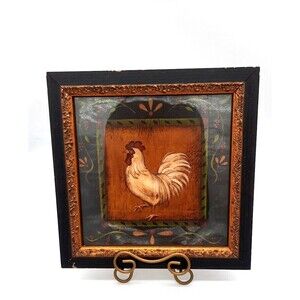 Vtg Kim Lewis 12X12 Framed Signed Rooster Folk Art Style Print Farmhouse Decor